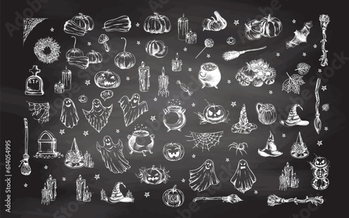 Big set of halloween elements in sketch style. Design of witch, ghost, creepy and spooky elements for halloween decorations, sketch, icon. Hand drawn vector isolated on chalkboard background.
