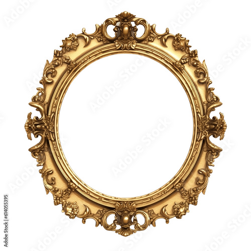 Antique round oval gold picture frame isolated on transparent background, Old golden baroque style round frame mock up for painting, art, wall art, artwork, photo, image, picture. generative ai