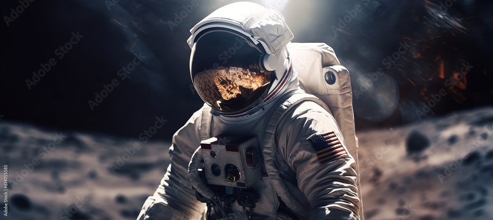 Astronaut on moon background. Generative AI technology.	