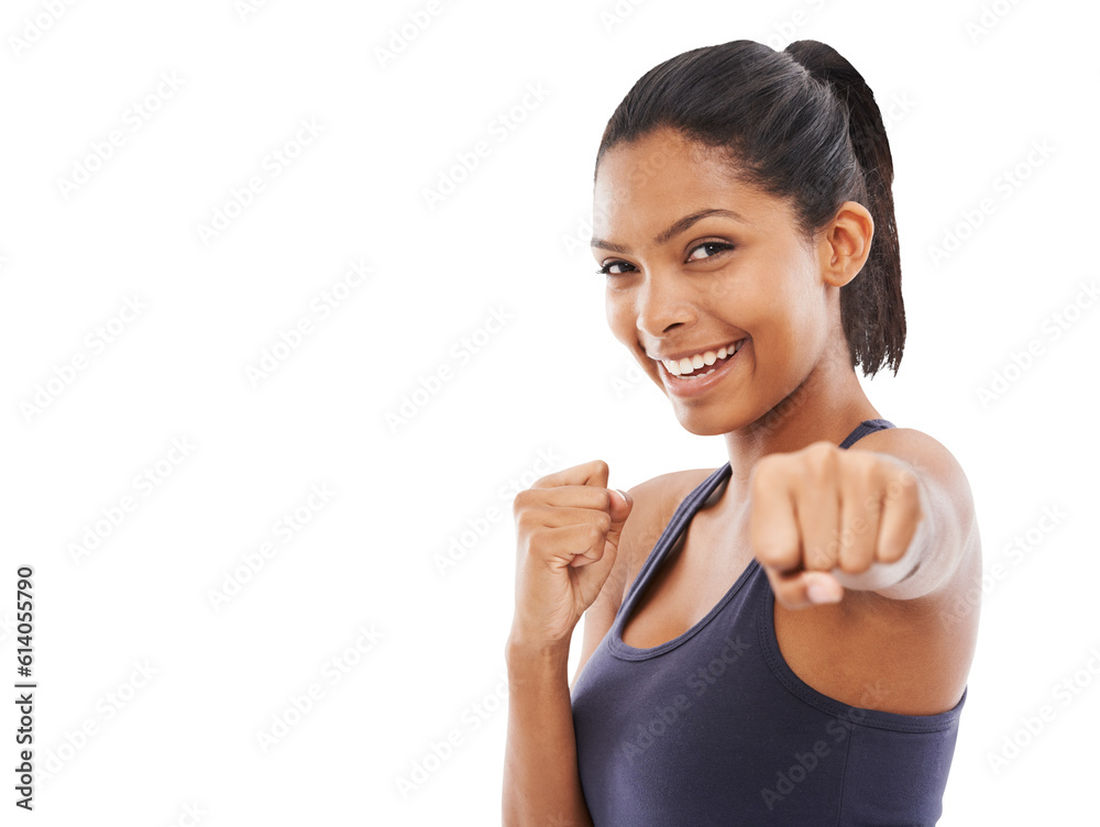 Portrait, smile and woman throw punch isolated on a transparent png background. Face, fist and face of female fighter training, exercise and workout for fight, martial arts and boxing for fitness. Portrait, smile and woman throw punch isolated on a transparent png background. Face, fist and face of female fighter training, exercise and workout for fight, martial arts and boxing for fitness.