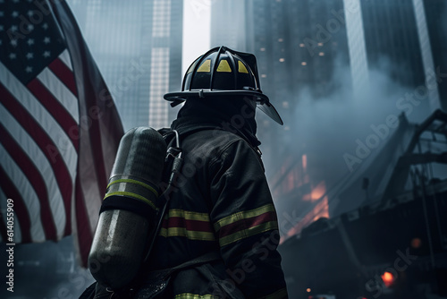 Fotografering Rear view of firefighter against backdrop of burning skyscrapers and an American flag outdoors