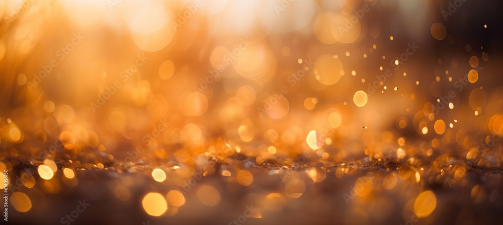 Golden glitter sparkle lights on blur morning background. Generative AI technology.