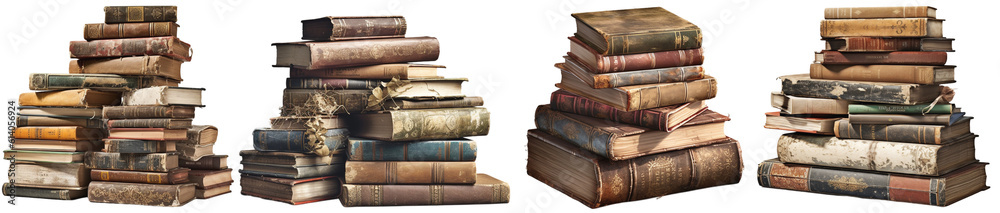 Collection of ancient dusty stacked books on a transparent background, Generative AI