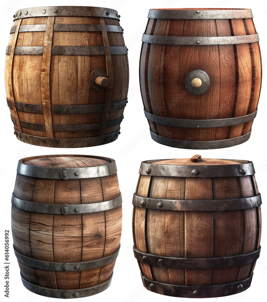Fototapeta premium Wooden wine or beer barrels, also used as rain barrels a transparent background, Generative AI