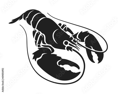 Black lobster drawing, seafood symbol on white background.