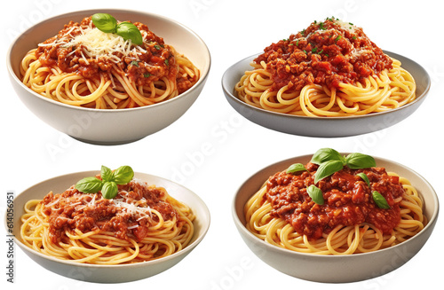 Canvas Print Collection of plates of spaghetti with bolognese sauce, side view on a transpare