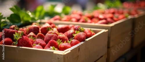 Baskets of ripe strawberries at the farmers market. Bright colors and lots of delicious strawberries. Generative AI