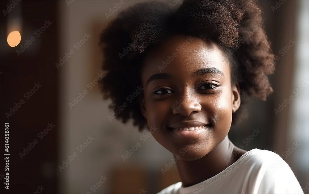 Fototapeta premium Black dark-skinned african american teenage girl smiling portrait at home. Generative AI