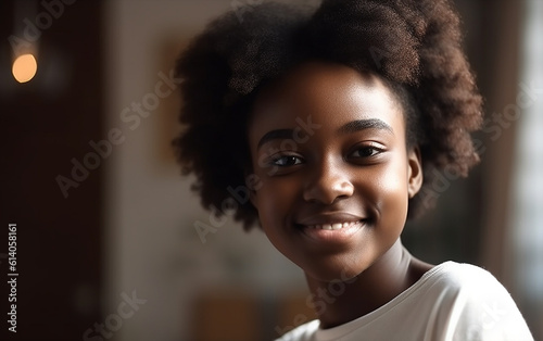 Black dark-skinned african american teenage girl smiling portrait at home. Generative AI © Malchevska Studio