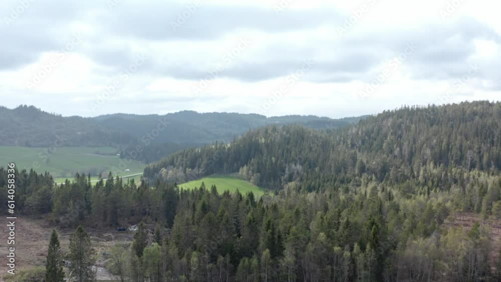 Panorama Of Pine Trees, Farm, And Mountain Range In Summer In Indre Fosen, Trondelag, Norway. - aerial ascend