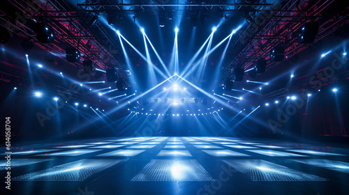 blank live show stage with fantastic dazzling blue laser lighting in big hall. performance show studio background. generative AI