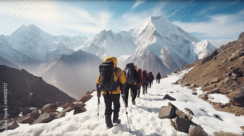 A group of climbers ascending a mountain in winter