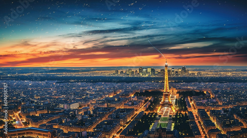 sunset over the city in Paris, Generative AI