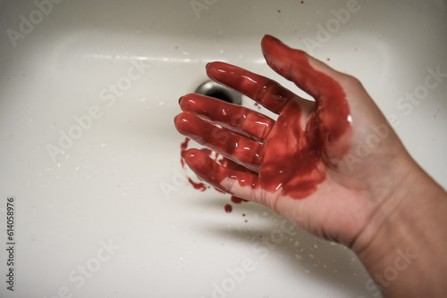 a woman's hand covered in blood, bloody woman's hand in the sink. photo