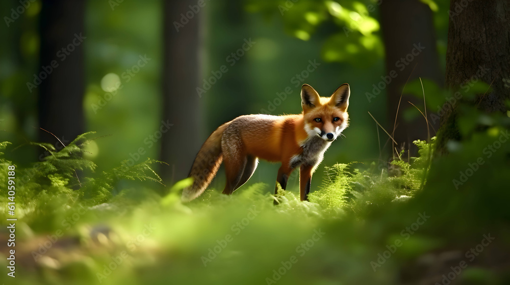 Cute Red Fox in green forest. Beautiful animal in the nature habitat. Wildlife scene from the wild nature. AI generative image