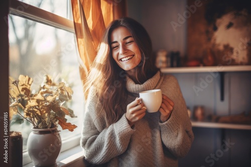 Portrait of joyful young woman enjoying a cup of coffee at home and laughing in an autumn day. Generative ai photo