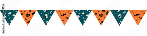 Flag with pumpkins, monsters, vampire bats, skulls and ghosts motif for Halloween decoration on transparent background