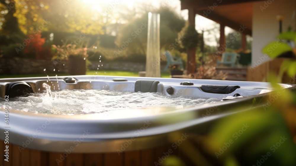 A bubbling hot tub in a backyard. Generative AI. - obrazy, fototapety, plakaty 