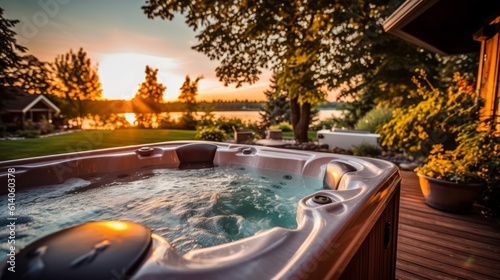 A bubbling hot tub in a backyard. Generative AI. © ProVector