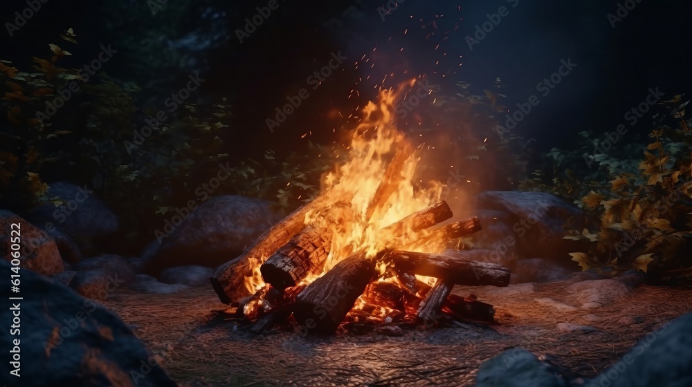 A roaring campfire outdoors. Generative AI. A roaring campfire outdoors. Generative AI.