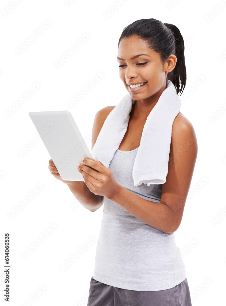 Isolated young woman, tablet and fitness with smile, search and reading article by transparent png background. Girl, model and happy with touchscreen for exercise video, advice or social media app Isolated young woman, tablet and fitness with smile, search and reading article by transparent png background. Girl, model and happy with touchscreen for exercise video, advice or social media app