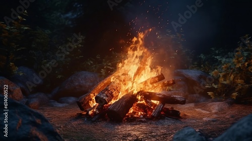 A roaring campfire outdoors. Generative AI.