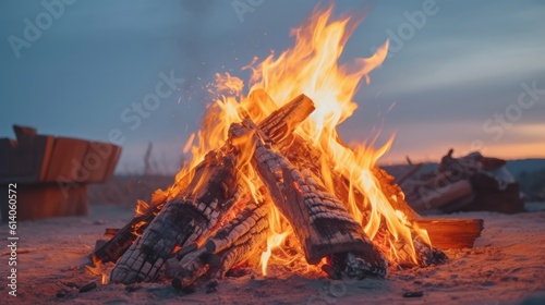 A roaring campfire outdoors. Generative AI.