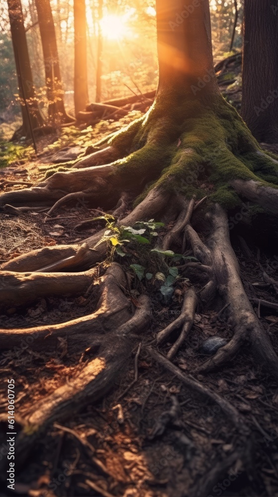 Tree is firmly held by its roots in a dense forest at sunrise. Beauty and tranquility of nature. Generative AI Tree is firmly held by its roots in a dense forest at sunrise. Beauty and tranquility of nature. Generative AI