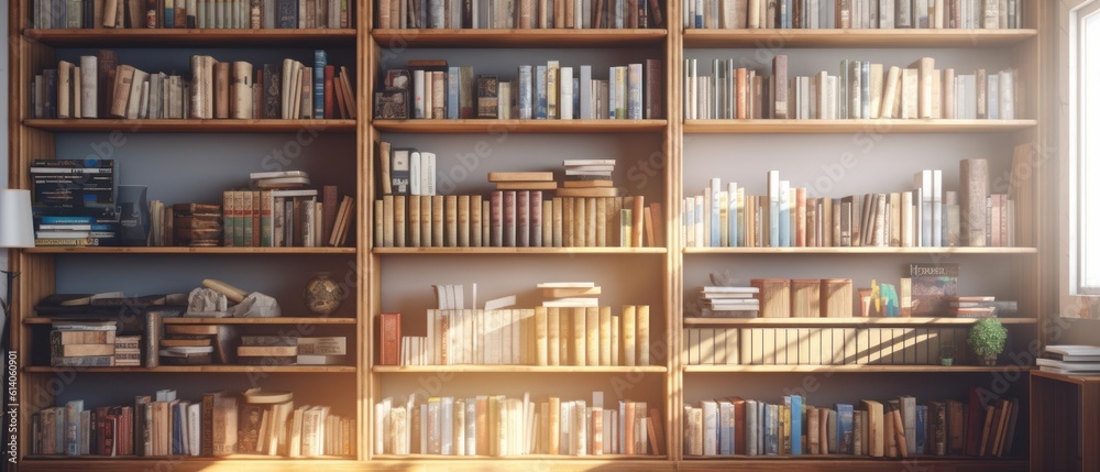 Fascinating background with books neatly arranged on wooden shelves. The warmth and charm of a cozy library. Generative AI Fascinating background with books neatly arranged on wooden shelves. The warmth and charm of a cozy library. Generative AI