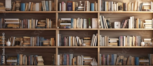 Fascinating background with books neatly arranged on wooden shelves. The warmth and charm of a cozy library. Generative AI