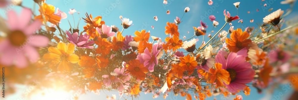 Delicate and bright flowers fall gracefully from the sky. Beauty and wonder of nature. Petals gently fall in the air. Sense of freedom and natural beauty. Generative AI