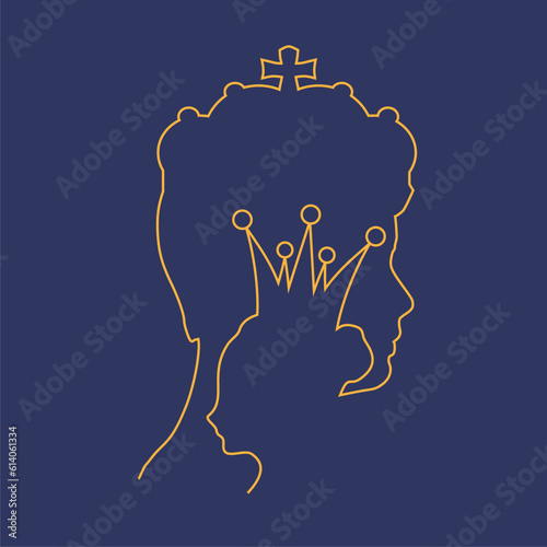 Woman and man head outline silhouettes. King and princess. Young couple
