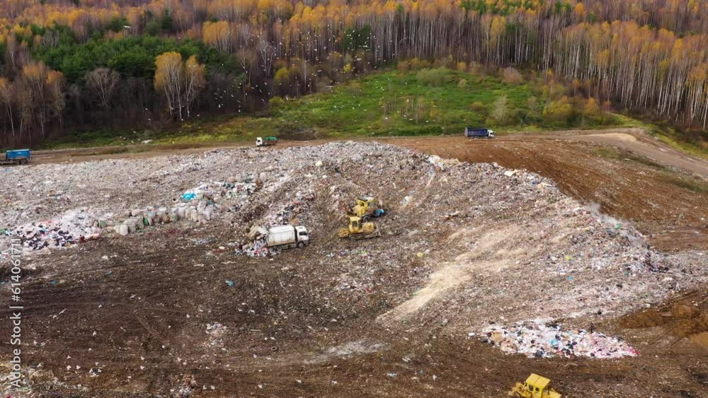 Large dump with working garbage trucks, top view. Household waste. Landfill in the forest, top view. Large dump with working garbage trucks, top view. Household waste. Landfill in the forest, top view.