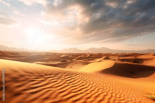 Majestic Desert Landscape: A breathtaking photograph of a vast desert landscape, featuring golden sand dunes and a vast open sky, ideal for travel magazines and desert-themed decor.