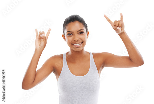 Rock, portrait and woman with fitness, hand gesture and model isolated on a transparent background. Face, female person and athlete with health, heavy metal and rebel with exercise, wellness and png