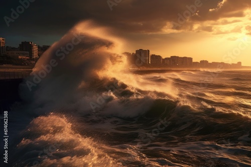 Generated image of an extreme storm hitting the city coast. Big waves and water splashing. Natural disaster. The effects of global climate change. Hyper realistic AI