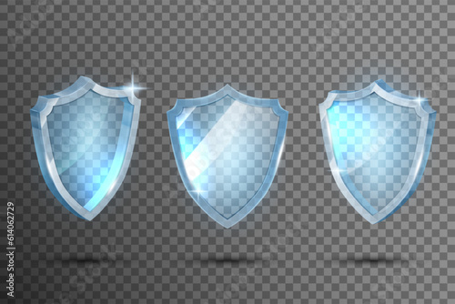 3d protect shield. Clean glass secure icon different angles view, blue light on transparent silver quart, shine security symbol with reflections, heraldic vector isolated design elements