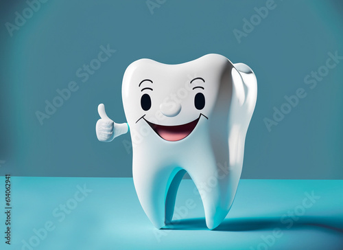 tooth gives thumbs up gesture on blue white background dental concept