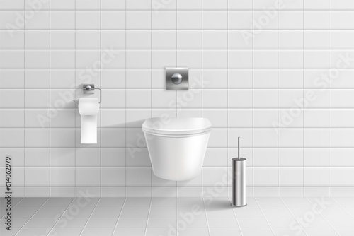 Realistic toilet. Bathroom ceramic tile, wc room wall, small seat, hung bowl, clean flush, 3d white paper, home or public lavatory interior, 3d isolated elements. Vector illustration mockup