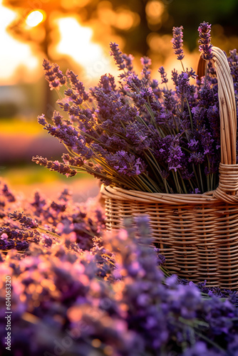 Basket with lavender flowers in lavender field  