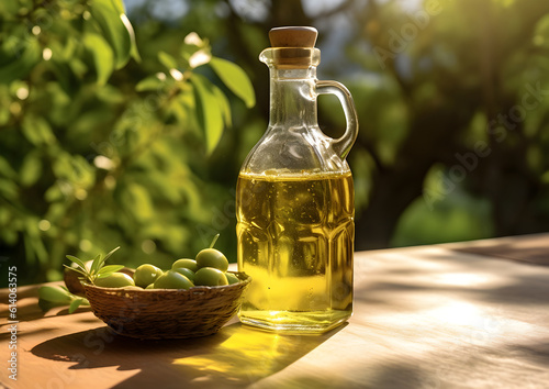 Olive oil in the olive in a sunny garden