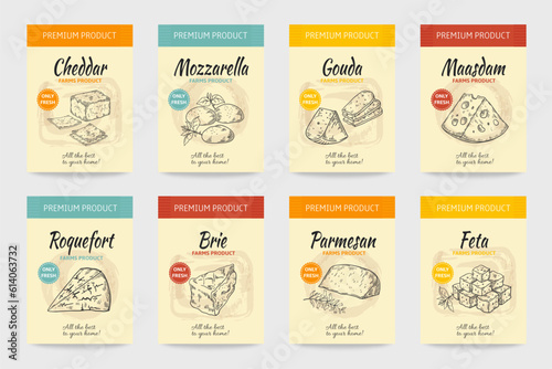 Cheese posters. Gourmet food vintage sketch. Organic cheesy snacks menu design. Premium farm dairy package label template. Natural edam and cheddar slices. Vector milk product stickers set