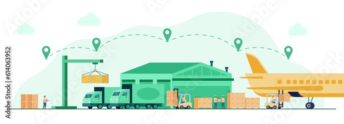 Commerce vehicles. Aircraft and truck transportation. Cargo logistic service. Goods containers moving crane. Freight planes unloading. Forklift with boxes on pallet. Vector illustration
