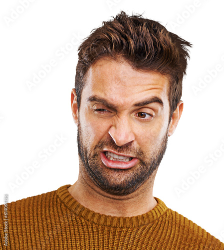 Smirk, face and man with disgust, funny or reaction on isolated, transparent and png background. Wtf, attitude and male person hearing fake news, gossip or drama, rumor or gross tmi announcement photo