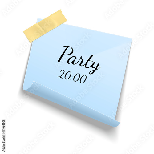 Sticky notes. Realistic reminder on adhesive tapes. Party time. Blue sheet with folded edge. Appointment schedule planning. Notepaper page attached at noticeboard. Vector paper sticker