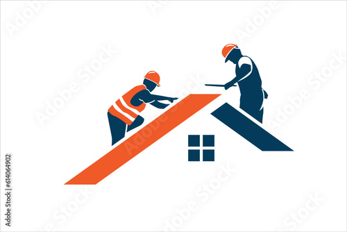 Workers inspect the house roof. Vector illustration