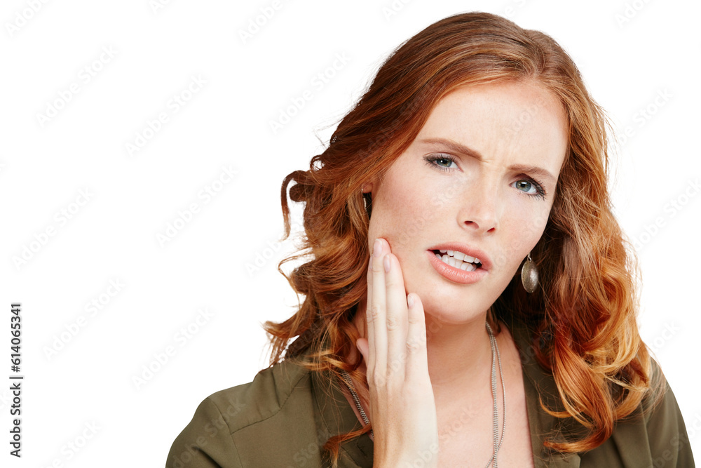 Portrait, toothache and cavity with a woman isolated on a transparent background for dental hygiene. Face, mouth and pain with an unhappy young female customer at the dentist for oral care on PNG Portrait, toothache and cavity with a woman isolated on a transparent background for dental hygiene. Face, mouth and pain with an unhappy young female customer at the dentist for oral care on PNG