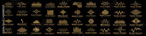 Sound wave icons set. Music waves symbols. Audio logos template. Voice equalizer emblems idea.