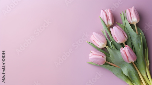 Beautiful composition spring flowers. Bouquet of pink tulips flowers on pastel pink background. Valentine's Day, Easter, Birthday, Happy Women's Day, Mother's Day. Flat lay, top view   Generative A © Tkz26 Graphics