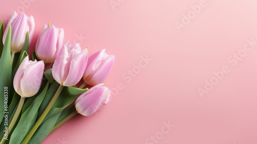 Beautiful composition spring flowers. Bouquet of pink tulips flowers on pastel pink background. Valentine's Day, Easter, Birthday, Happy Women's Day, Mother's Day. Flat lay, top view | Generative A